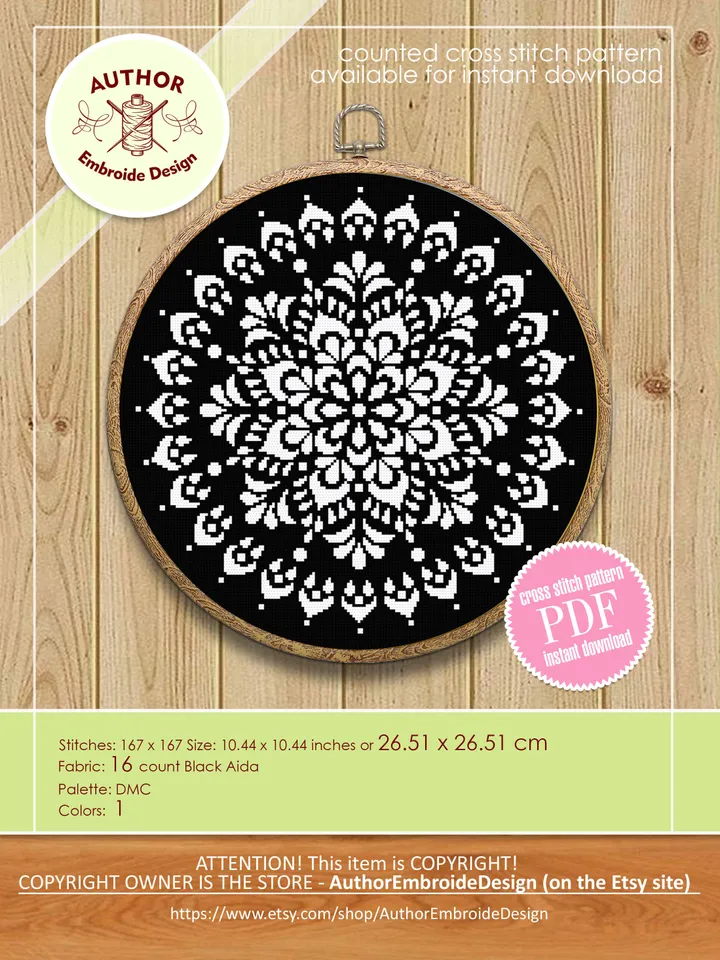 Mandala cross stitch pattern download PDF Simple mandala hand embroidery PDF Monochrome cross stitch chart Modern quick cross stitch #M137