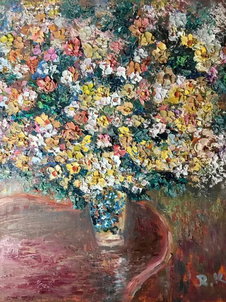 Colourful bouquet of flowers in a vase,one of a kind,impressionistic textured impasto oil painting on 3d stretched canvas,wall decoration.