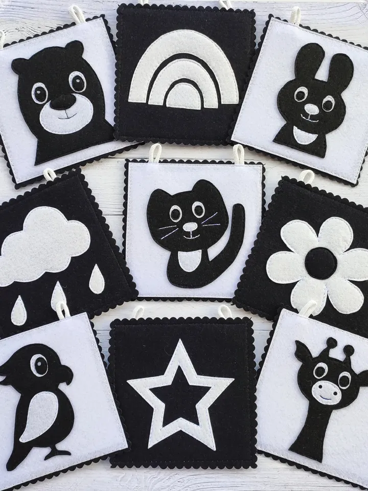 High Contrast quiet book pattern , Infant Stimulation Contrasting Pattern, Black and white felt cards for baby svg, Montessori newborn pdf