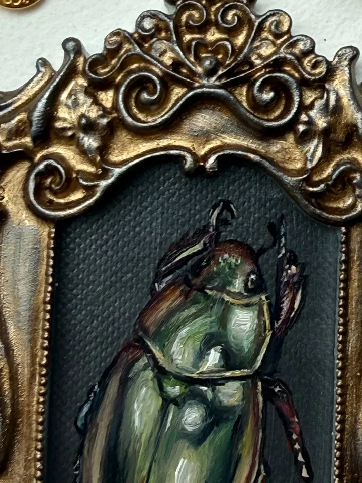 Framed Insect Oil Painting Original Entomology Art Beetle Painting Gold Frame Dark Academia