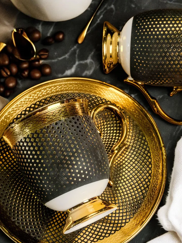 14K Gold Powder Black Porcelain Tea Cups And Saucers | Tea Cups Saucers Set | Gold Porcelain Set | Elegant Teaware | Gift For Tea Lovers