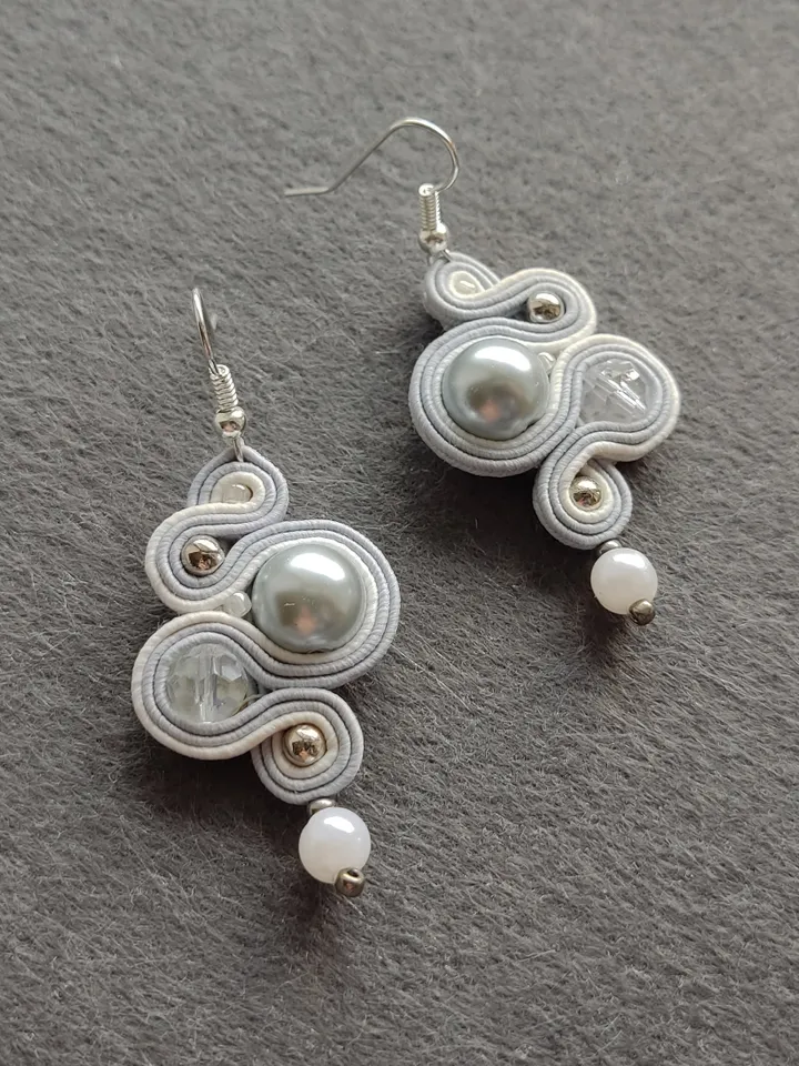 Bridal jewelry set, White necklace and earrings, Soutache embroidery, Rhinestone beaded necklace