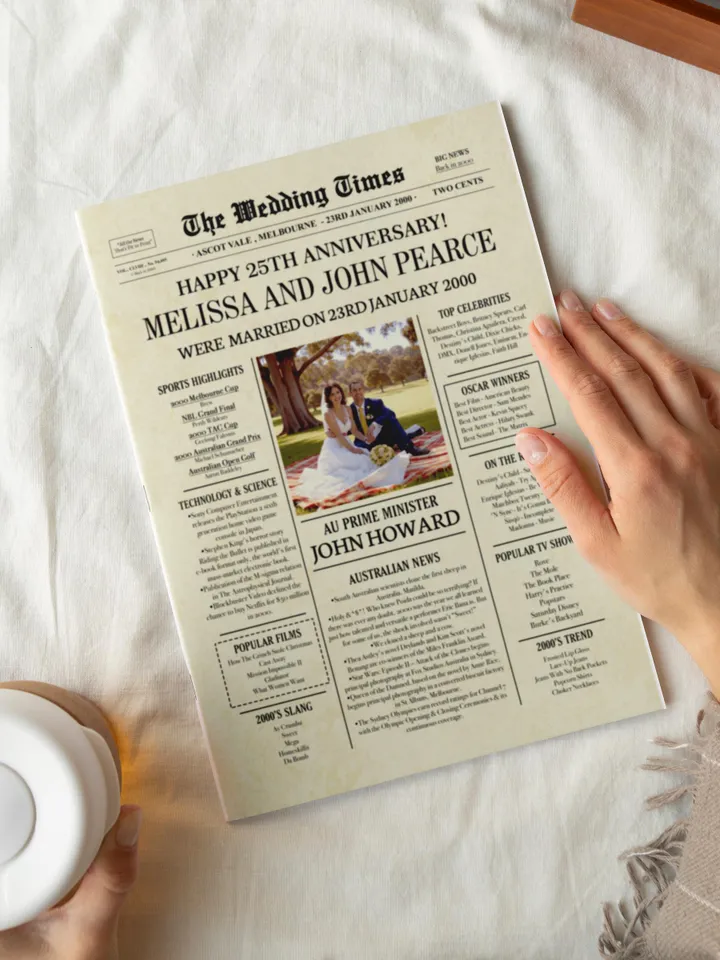 25th anniversary gift for husband, 25th anniversary gift for parents, 2000 anniversary for couples, silver anniversary newspaper for Aussie
