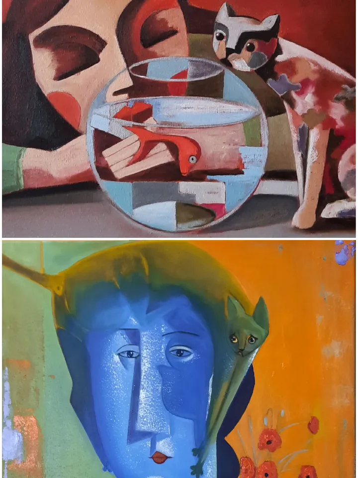 Two oil paintings Collection paintings Woman with cat Diptych