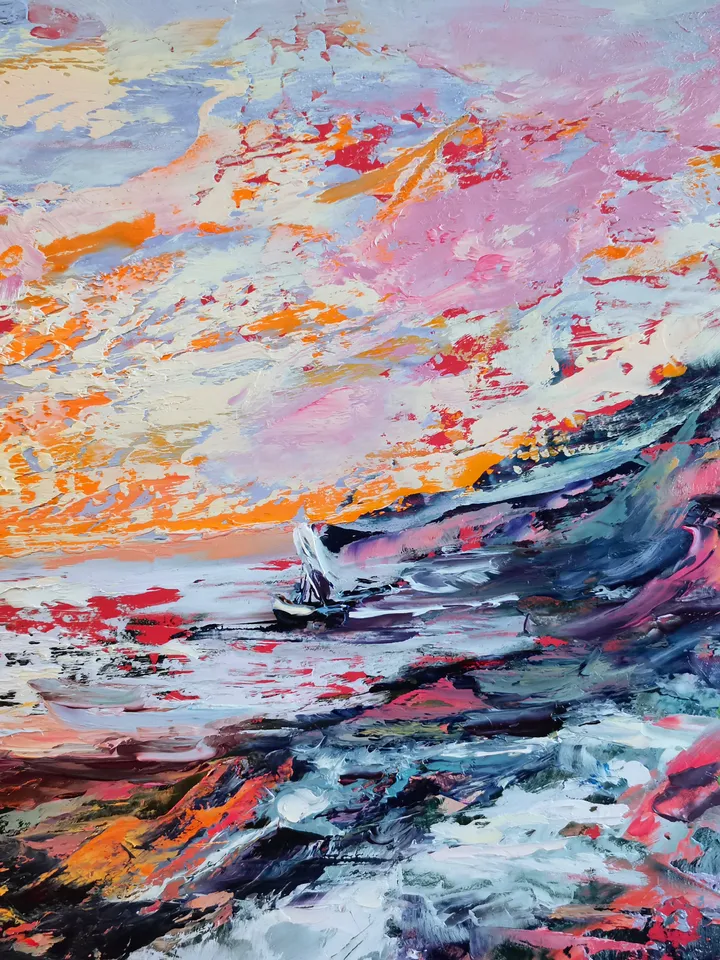 Boat Mountain Trees Flowers Sunset Original Art Oil Painting Artist Svinar Oksana