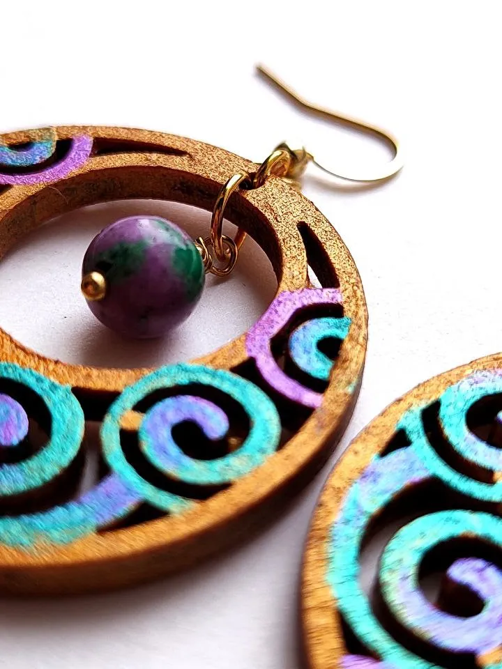 Round lightweight earrings with zoisite ethnic earrings with hand painting