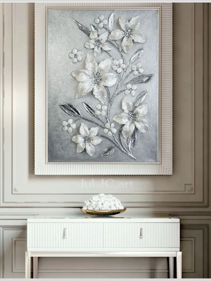 White Pearl Lilies Floral artwork | Silver Glittery Textured Flower Original Painting with Crystal