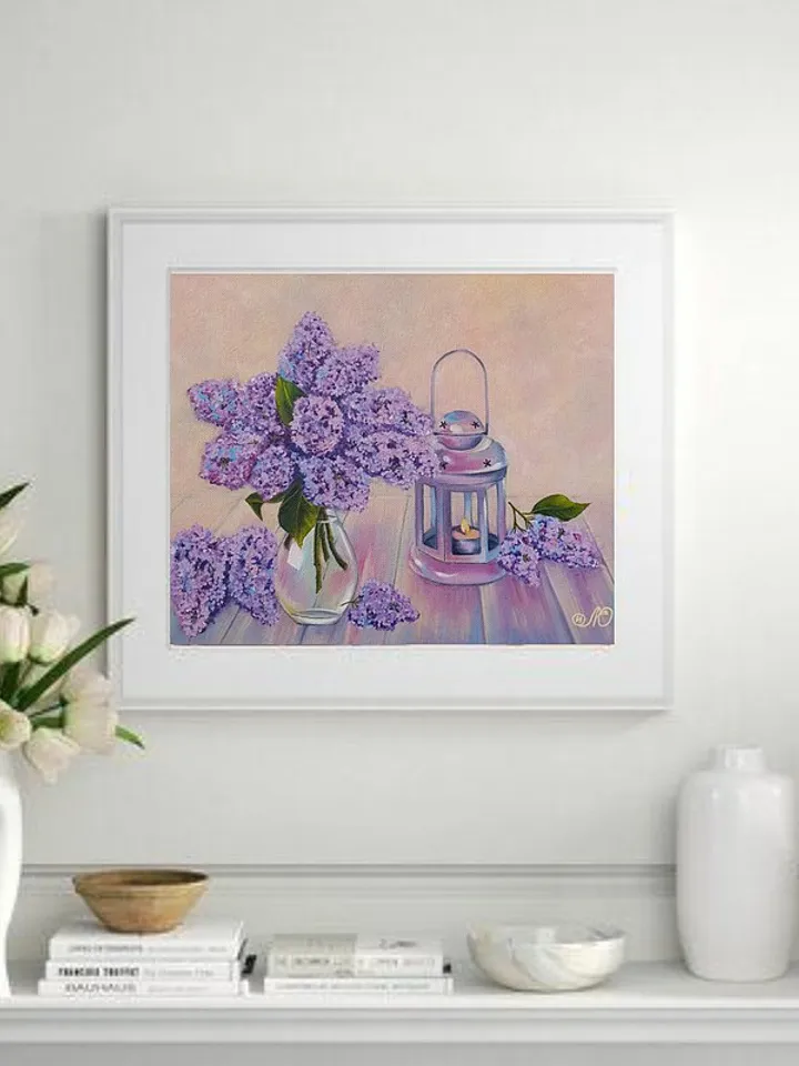Lilac Painting Still Life Original Art Flower Artwork Bouquet Frame Oil Painting