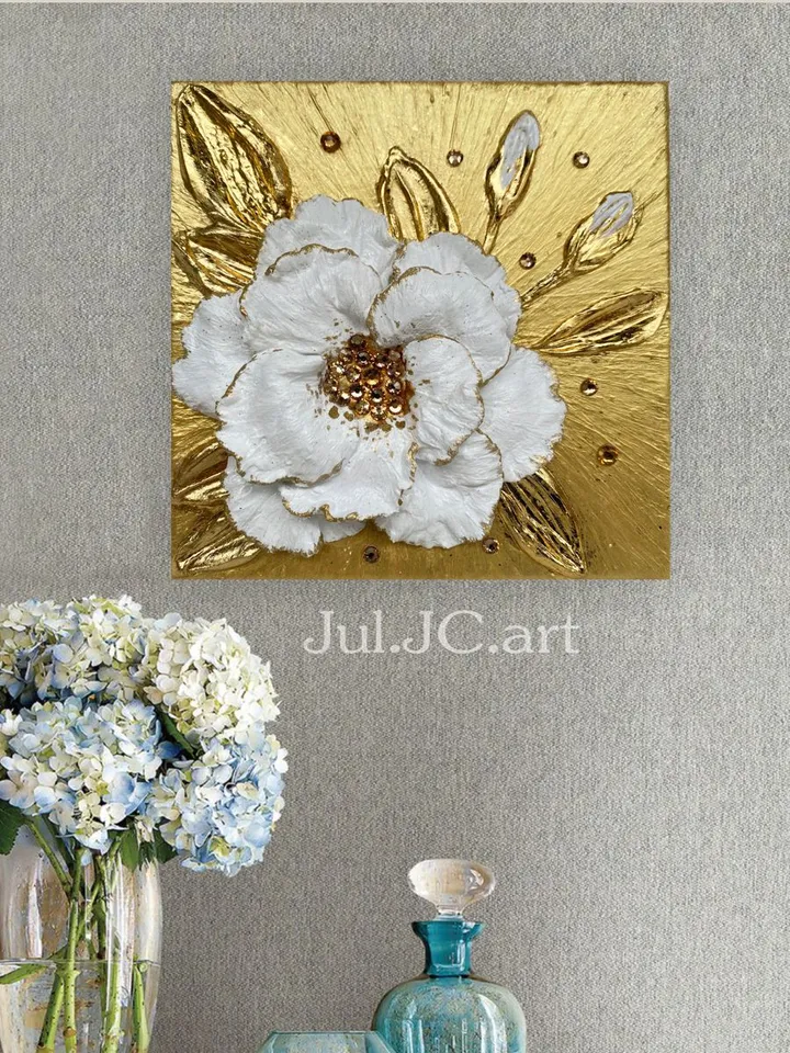 White and Gold Flower art Tea Rose Textured artwork Floral painting by Juliya JC