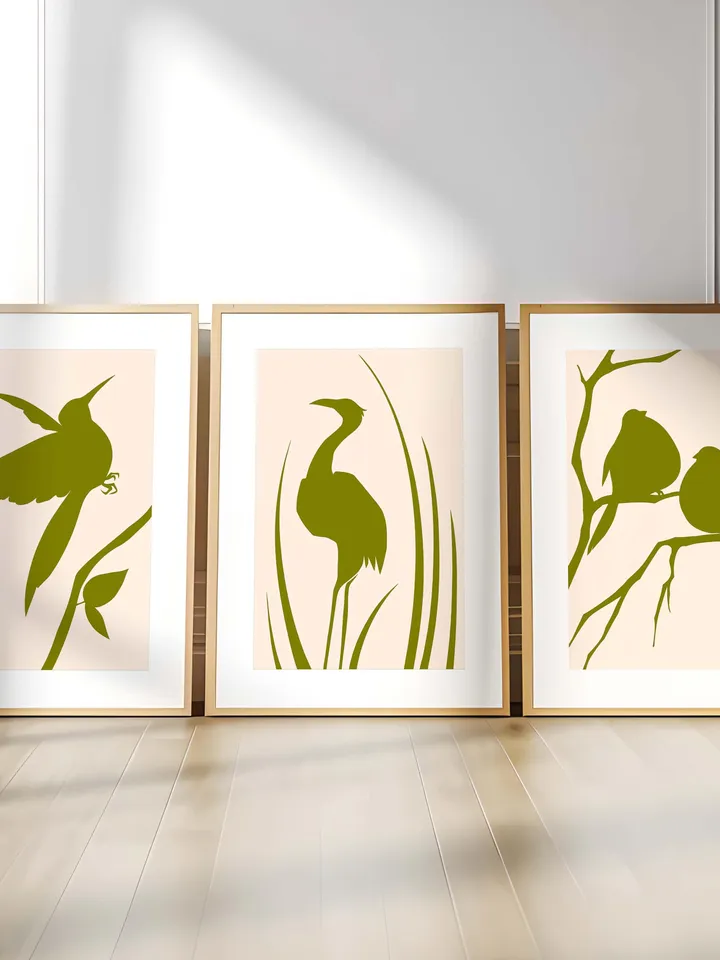 Minimalist Bird Wall Art Boho Bird Poster Abstract Nature Silhouettes Modern Olive Green Decor Scandinavian Style Contemporary Bird Digital