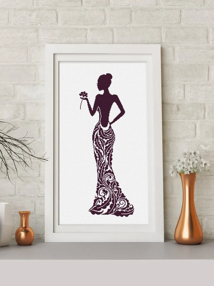 Elegant Dress cross stitch pattern download PDF Woman silhouette cross stitch chart, Monochrome cross stitch mandala dress, Home decor #M195