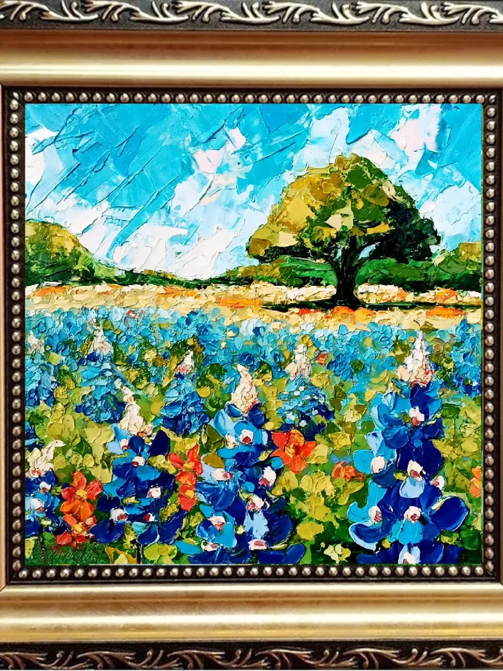 Bluebonnets Texas Painting Flowers Original Art Impasto Oil Painting 10x10 National Park Painting Landscape Blue Art Impressionist Gifts