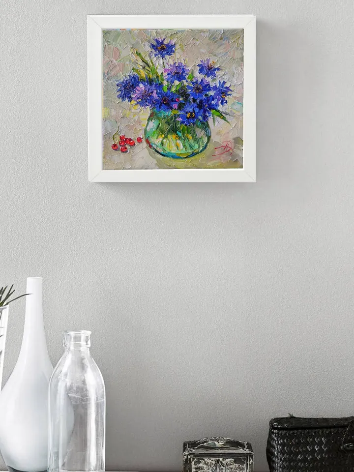 Flowers Bouquet Cornflowers Oil Painting on Canvas on a stretcher 8 by 8 inches Original Work Palette knife by Nata_Lena_Art