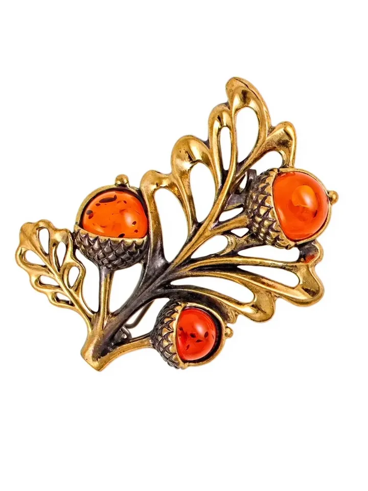 Acorns oak leaf Brooch Autumn jewelry Gold Brass with Amber, Orange brooch Forest Nature loves gift for her women
