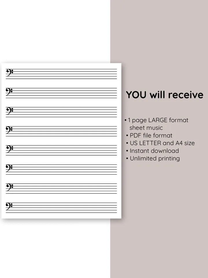 Kids printable sheet music. Sheet music with bass clef. Piano staff paper. Blank music paper. Learn piano.