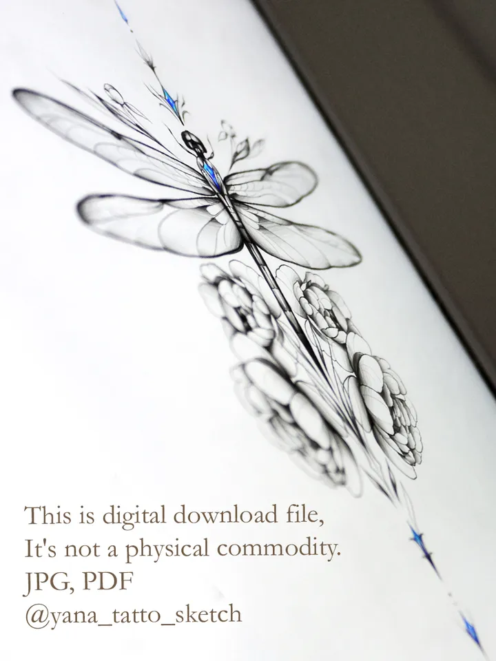Dragonfly Tattoo Design Flowers And Dragonfly Tattoo Idea Stencil Sketch, Instant download PDF, JPG
