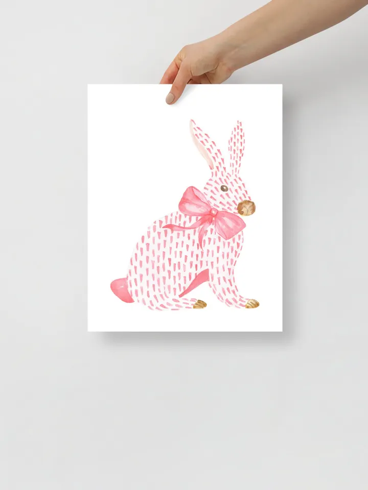 Pink Rabbit and Bow Painting, Watercolor Bunny Print, Pink Bow Art, Chinoiserie Wall Art, Nursery Wall Print, Girls Room Decor, Asian Print