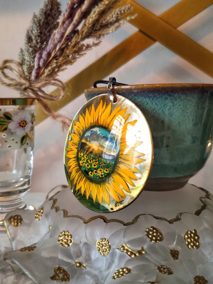 Pearl pendant necklace: Sunflower is a mirror of Life • Gorgeous hand painted floral pendant made on shell • Significant handmade jewelry