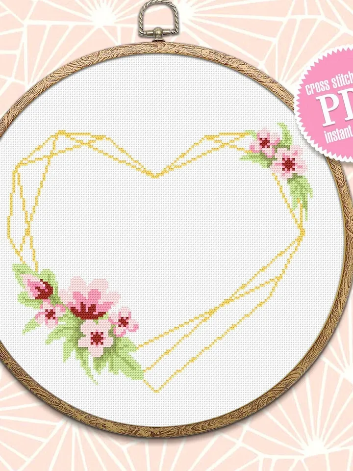 Floral heart frame cross stitch pattern download PDF Your text here, Wedding cross stitch, Valentine stitch, Flower wreath cross stitch #Y5