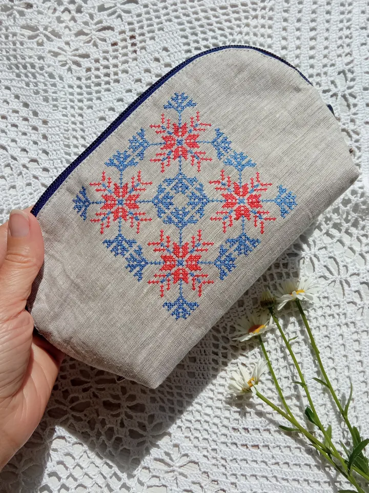 Cosmetic bag or pencil case made of linen with hand embroidery of a traditional Belarusian ornament