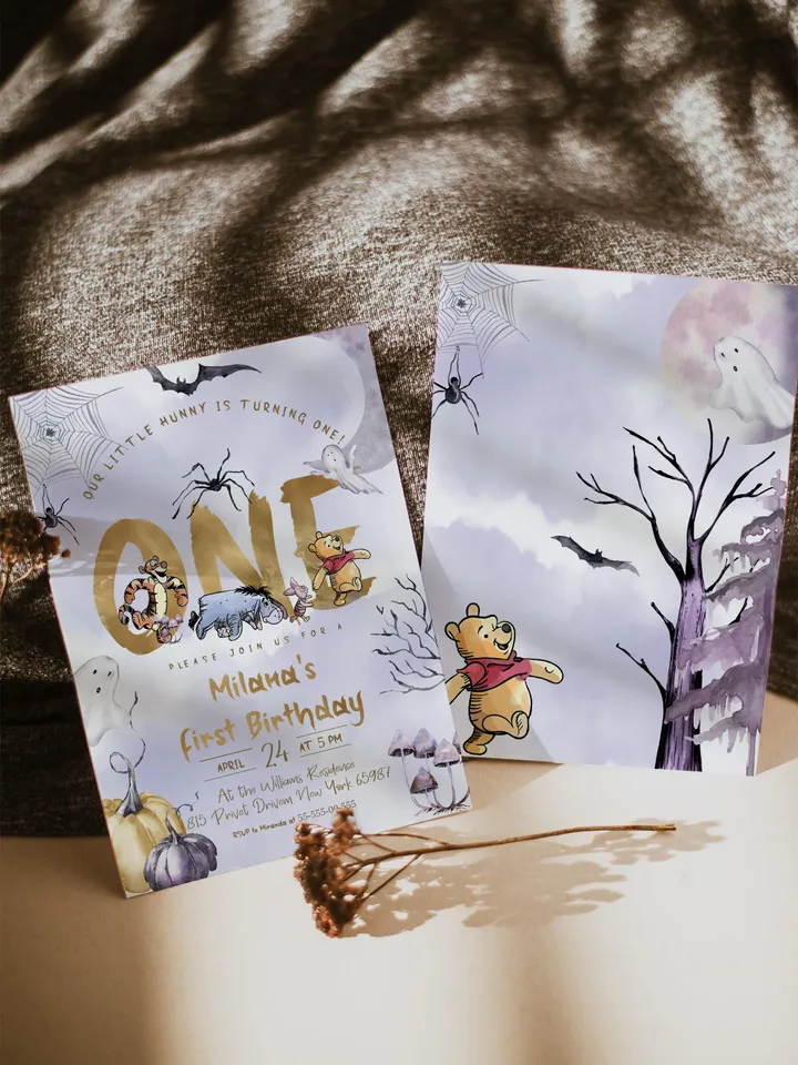 Winnie the Pooh Halloween Birthday invitation Classic Winnie Pooh; Neutral Winnie Pooh Turning one Winnie Pooh Birthday Party