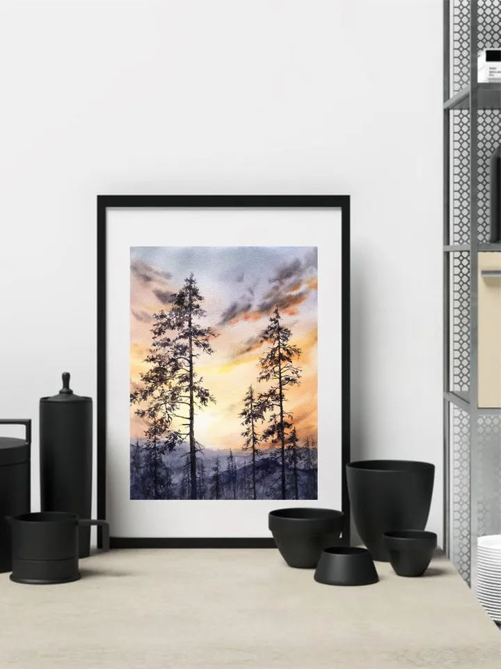 Sunset Original Painting Forest Watercolor Painting Trees Landscape Wall Art