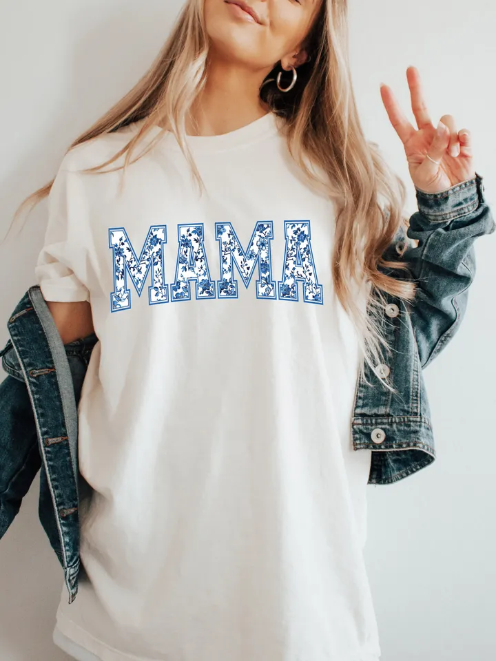 Chinoiserie Floral Mama Blue Willow Filled PNG Digital Download Hand Drawn Sublimation, Mama University Font, chinese style ceramic pattern