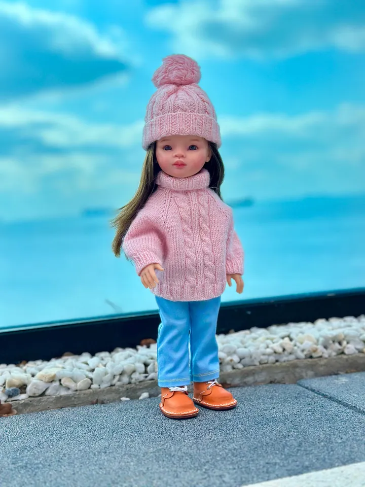 Set sweater & Hat with ponpon Paola Reina KNIT PATTERN and tutorial for Boneka 12-13 inch doll, Ruby Red Siblies, Les Cheries 32 cm PDF eng