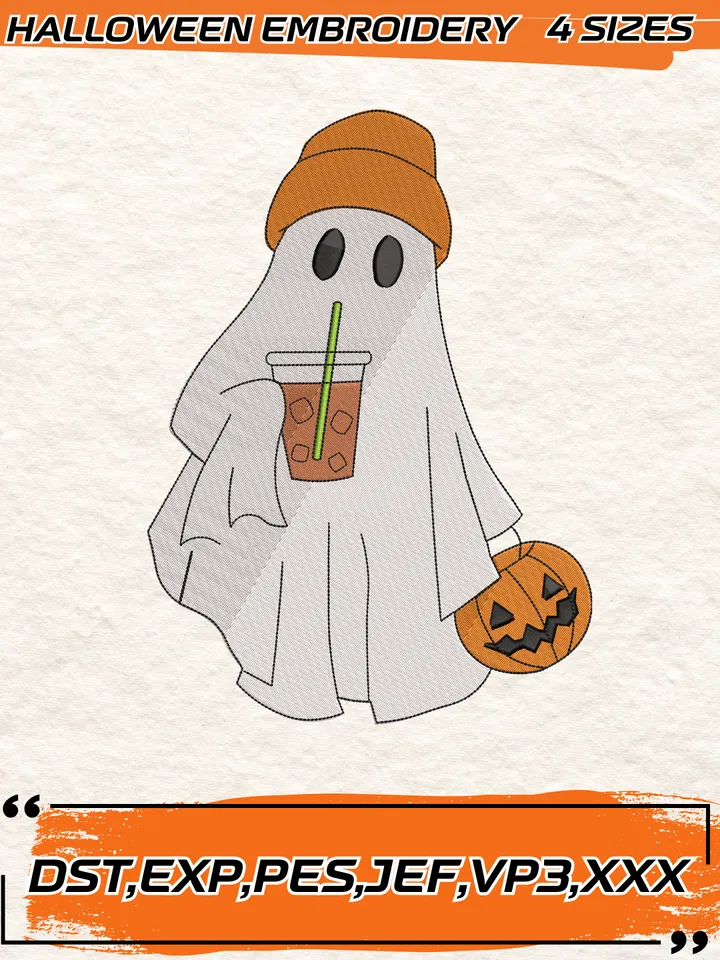 Ghost With Iced Coffee Embroidery Design,Halloween Embroidery Design,4 Sizes, Digital Download