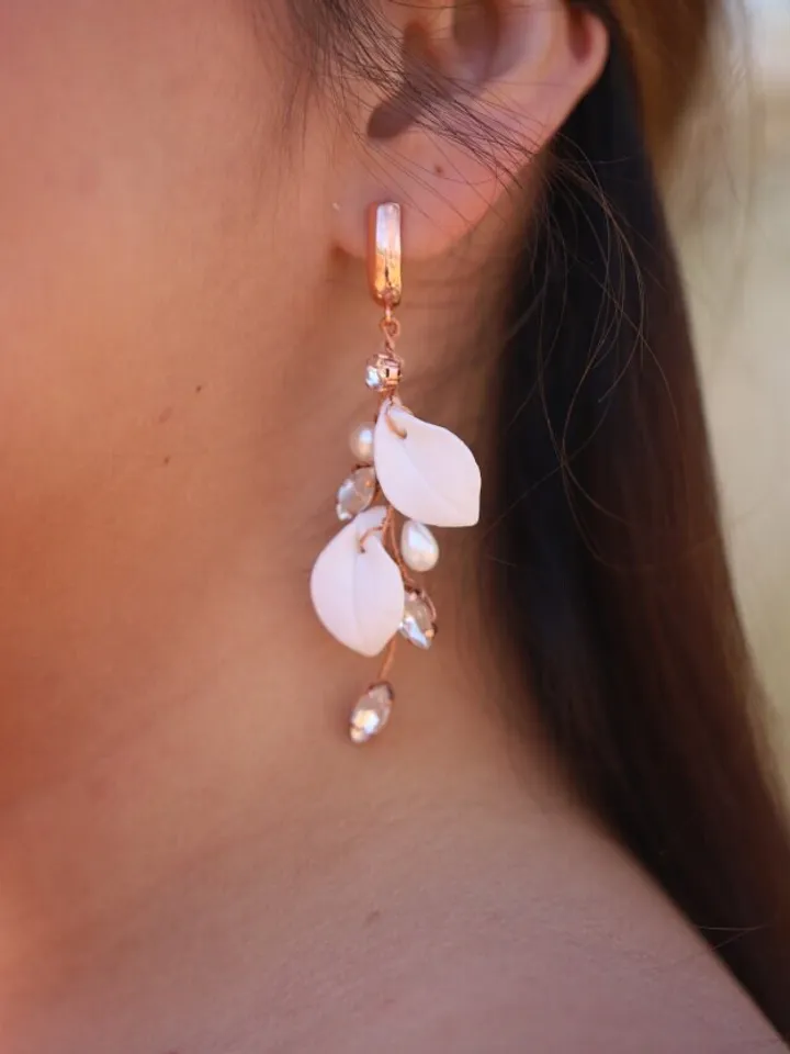 Boho Wedding Earrings, Delicate Porcelain Leaf Statement Wedding Earrings, Rose Gold Chandelier Bridal Earrings, Leaves Wedding Jewelry Set