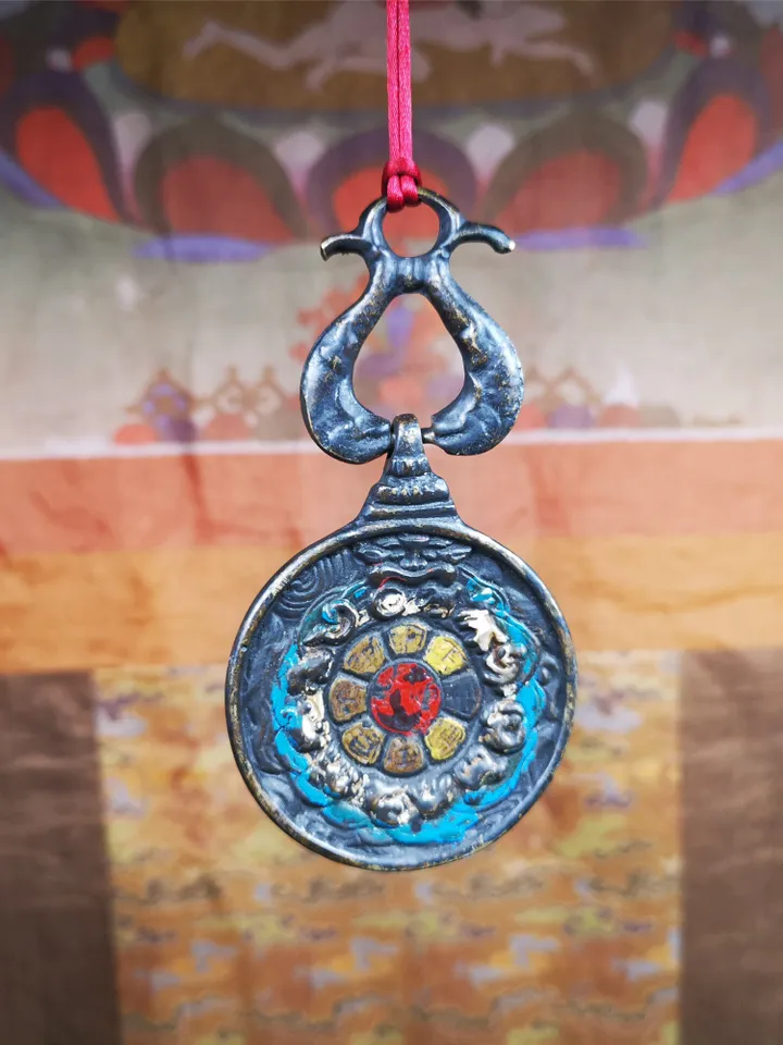 Gandhanra Vintage Tibetan Buddhist Calendar Badge,Panjaranata Mahakala Melong Mirror, SIPAHO Amulet(srid pa ho),Made of Brass,1.89&quot;