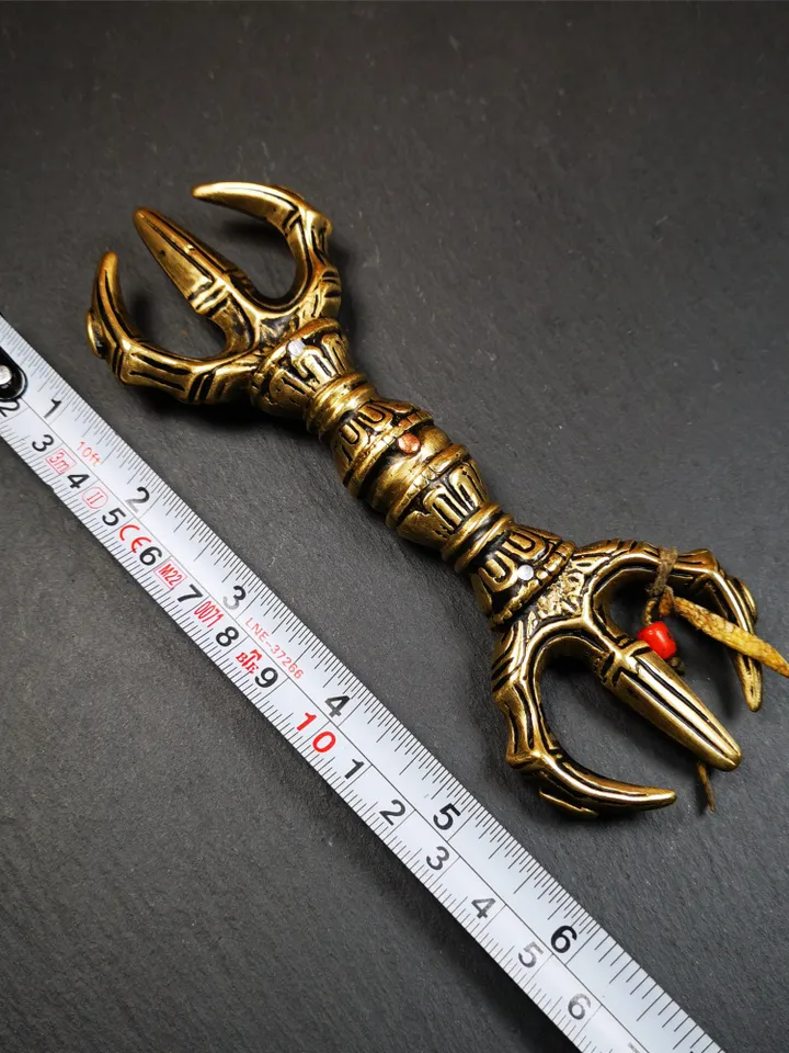 Gandhanra Unique Flat Three-pronged Vajra Dorje,Tibetan Buddhism (Vajrayana) Ritual Implement,Made of Brass,30 Years Old