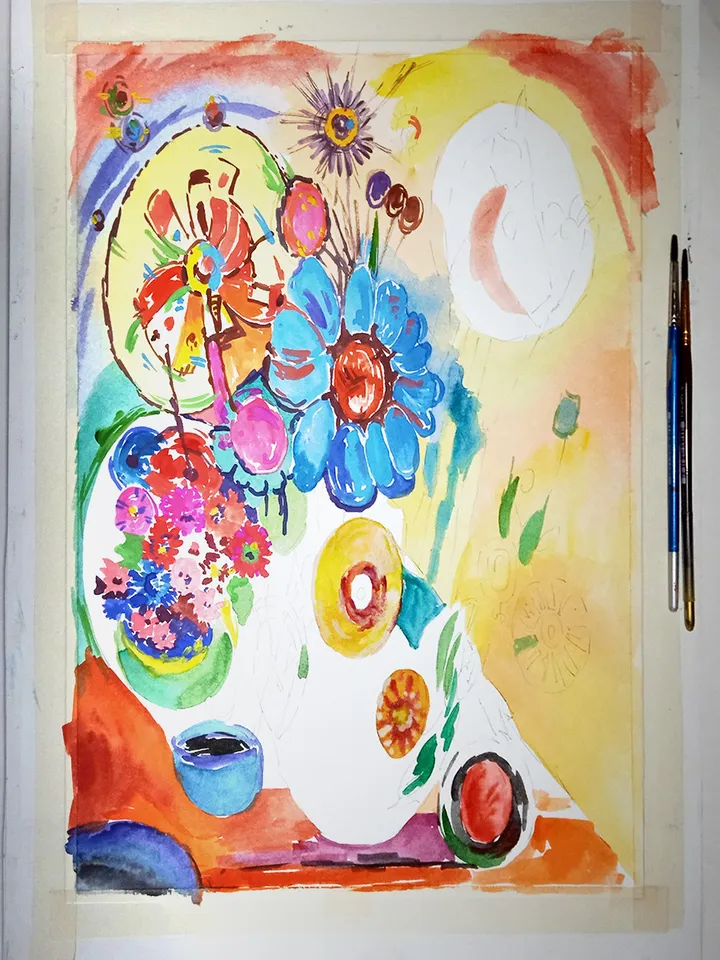 Kandinsky Flowers Style Original Art Abstract Painting Floral Wall Art Still Life Artwork 16 by 11 Above Sofa Art by TatianaArtShop