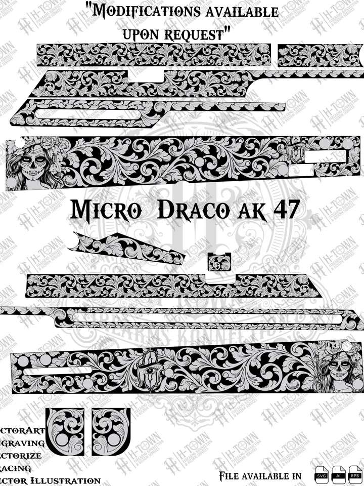 Micro Draco AK47 Floral Engraving Design: Laser-Ready Vector (Digital Download