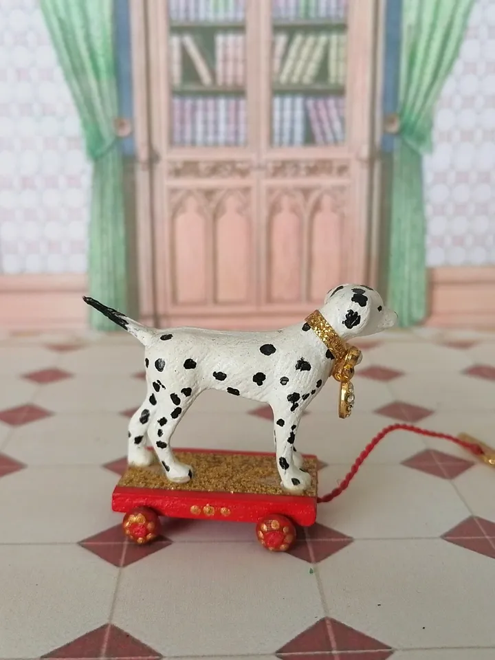 Dolmatian on a cart. Doll toy. dollhouse miniature.1:12 scale.