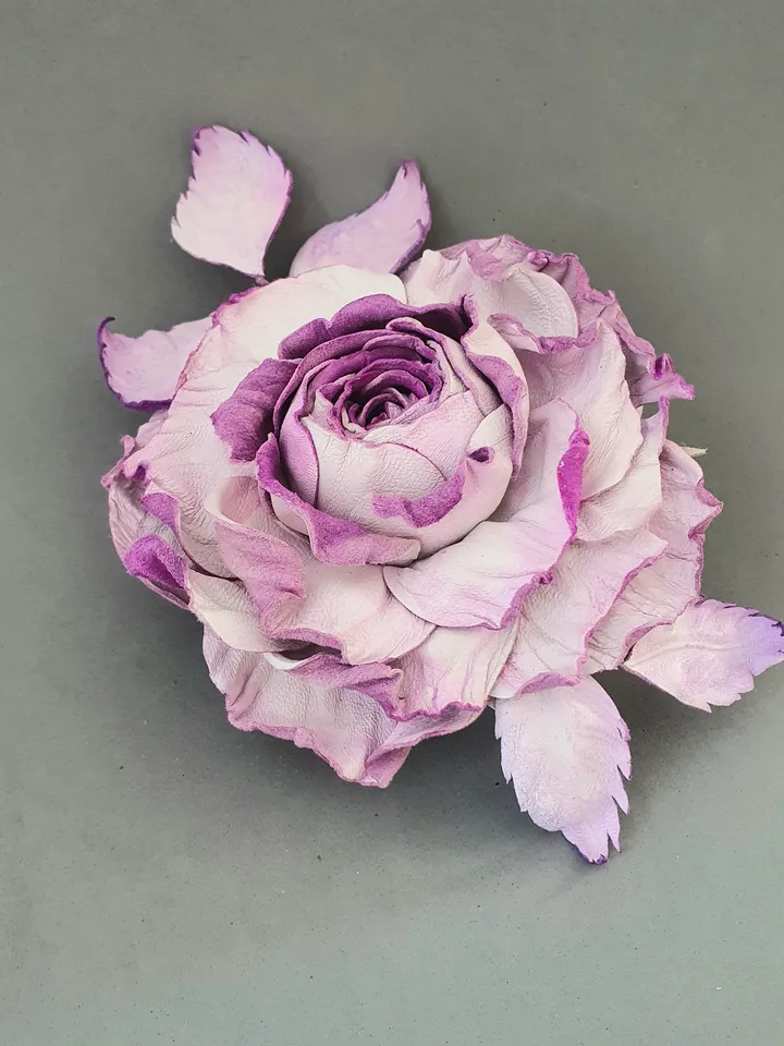 Lilac rose leather brooch 3rd anniversary gift for wife, Leather women's jewelry