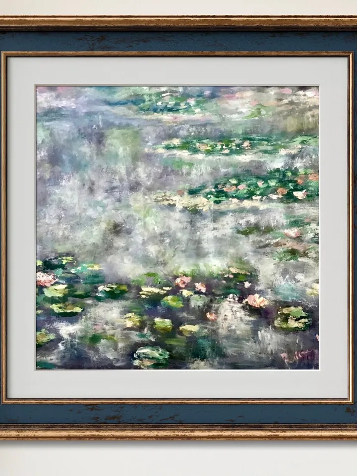 Waterlillies pond large canvas,original oil painting on unstretched canvas,Monet inspired,foggy landscape,home decoration wall hanging.