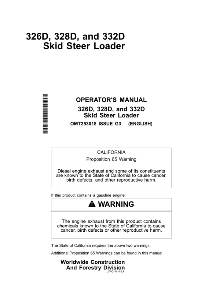 JOHN DEERE 326D 328D 332D SKID STEER LOADER OPERATORS MANUAL