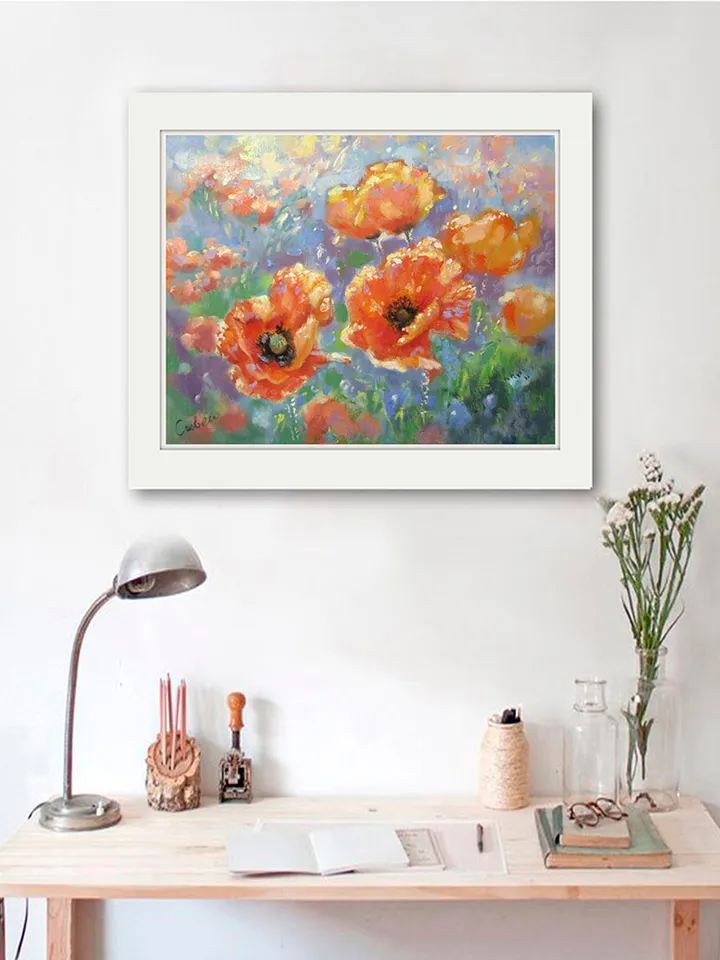 Poppy Painting Original Art Red Flower Impressionism Artwork Blooming Meadow