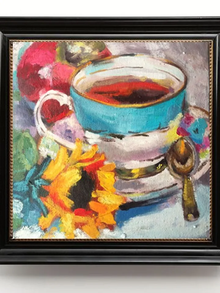 Teacup Oil Painting Sunflower Artwork Tea Painting 20 by 20 cm Floral Wall Art