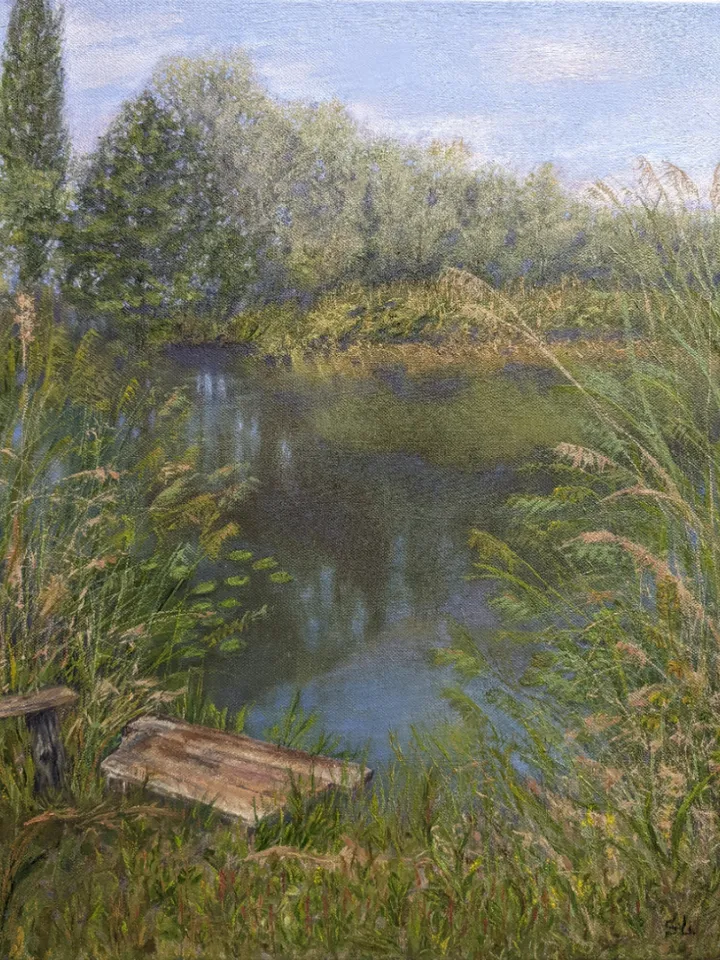 Summer landscape oil painting with a river, green grass and trees, with a small bridge, canvas 16x12 inches