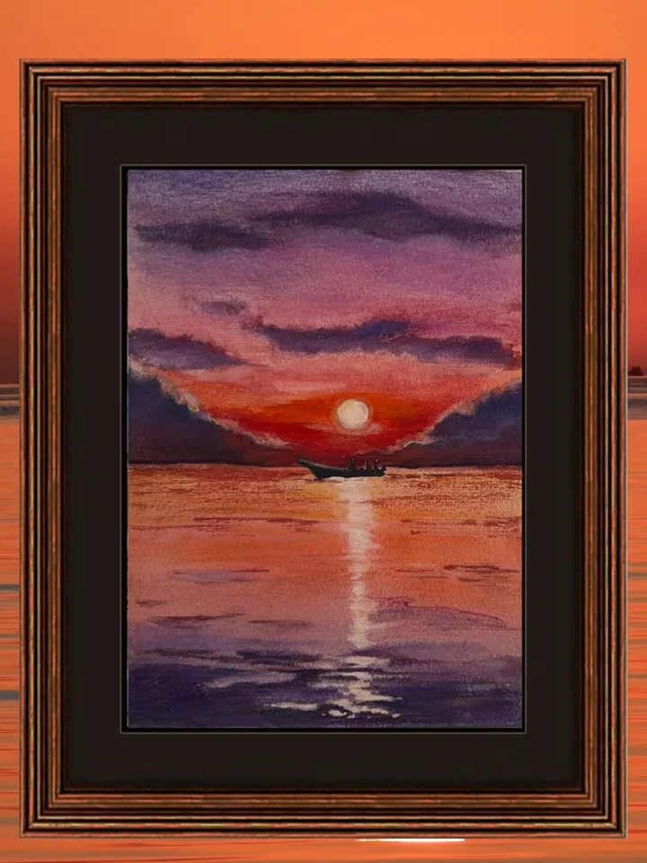 Watercolor painting On the Sunset. Sea voyages watercolor series