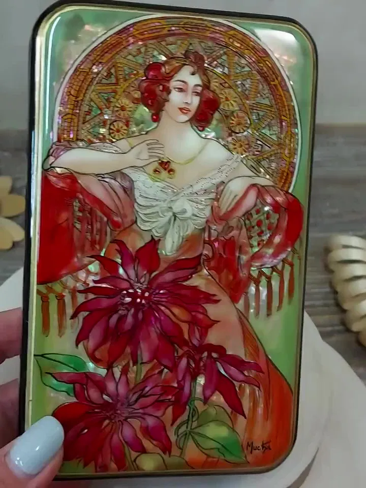Beautiful Lacquer Box Alphonse Mucha "Rubin" Hand painted miniature painting jewelry box Mother of pearl Papier mache Art gift Fedoskino