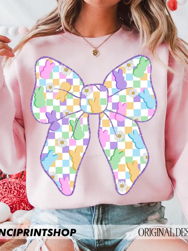 Checkerboard pastel easter bow png, Easter Coquette Bow png, Easter png, Easter Bunny png, Easter Shirt png, Spring png, Retro Easter png