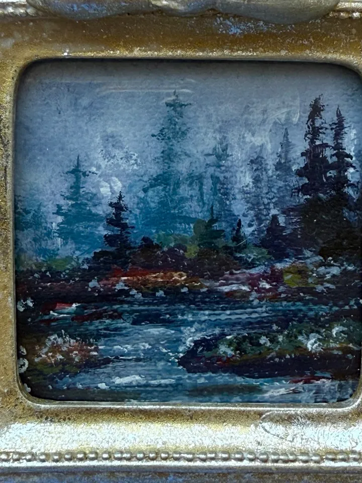 Small Landscape Oil Painting Framed Original Forest Artwork Antique Frame Moody Tiny Paintings 4 x 4 Art