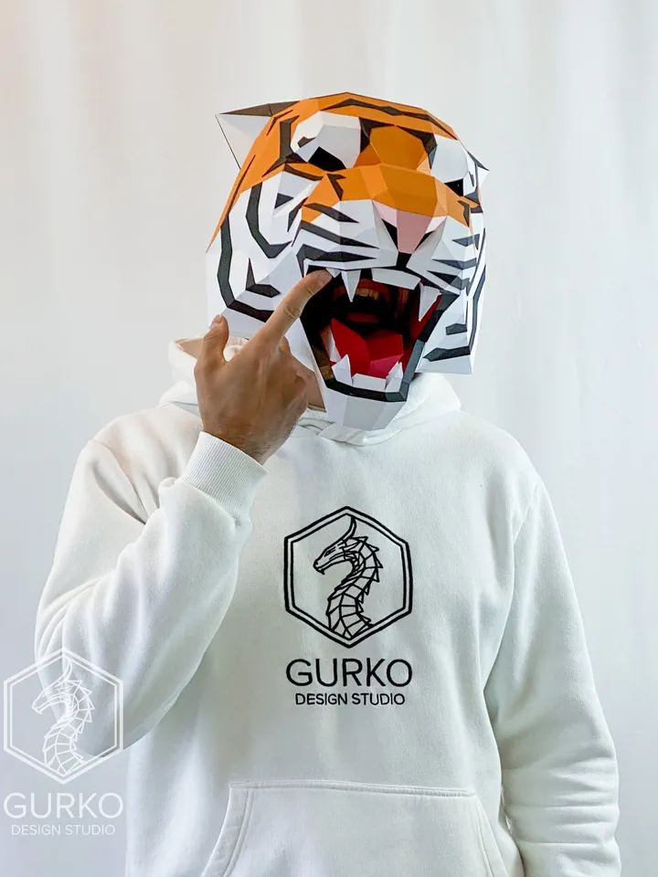 Angry Tiger Mask Papercraft, Cat, Digital Template, PDF Download, Gurko, 3D Low Poly Animal Mask, DIY Origami, Pepakura, Paper Mask, Costume
