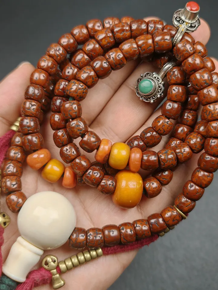 Authentic Tibetan 9+mm 108 Rudraksha Rosary, Old Necklace Mala,Tibetan Prayer Beads with Unique Mix of Treasures,Spiritual Gift
