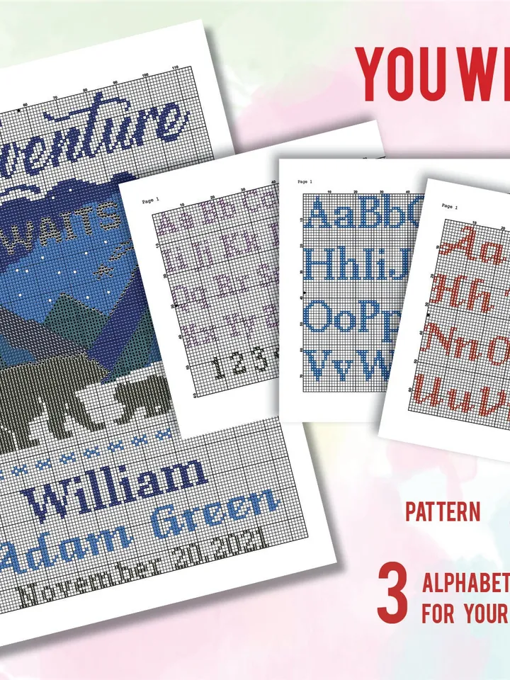 Birth announcement cross stitch pattern, Adventure awaits, baby, personalized, boy girl nursery decor, gift DIY, embroidery, instant PDF