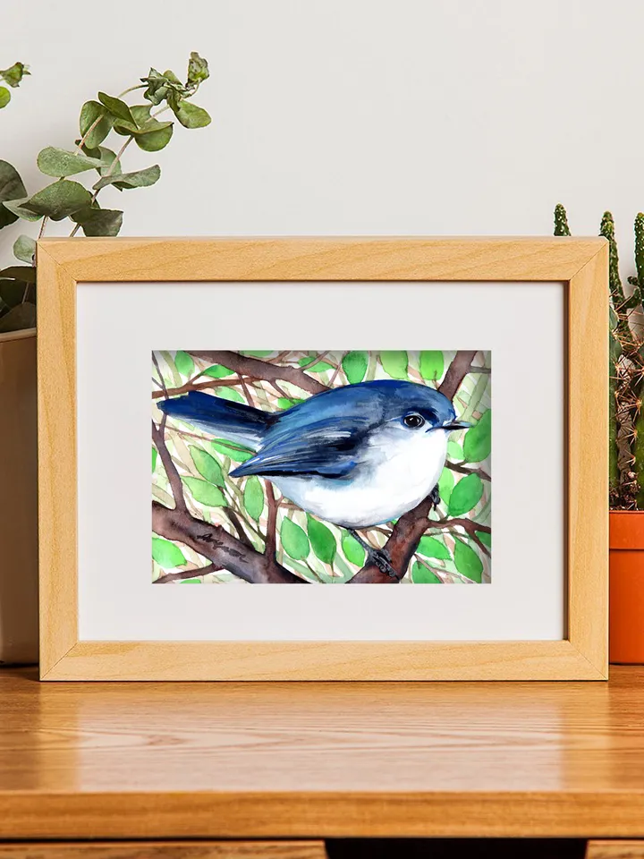 Blue bird original watercolor, birds painting, handmade wall decor, 5x7 in art for bird lovers by Anne Gorywine