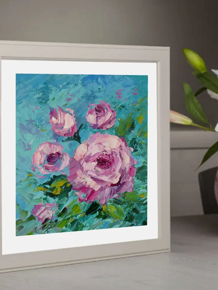 Roses oil painting Small artwork Original Art 6 by 6 inch Pink Flowers art by Juliya JC